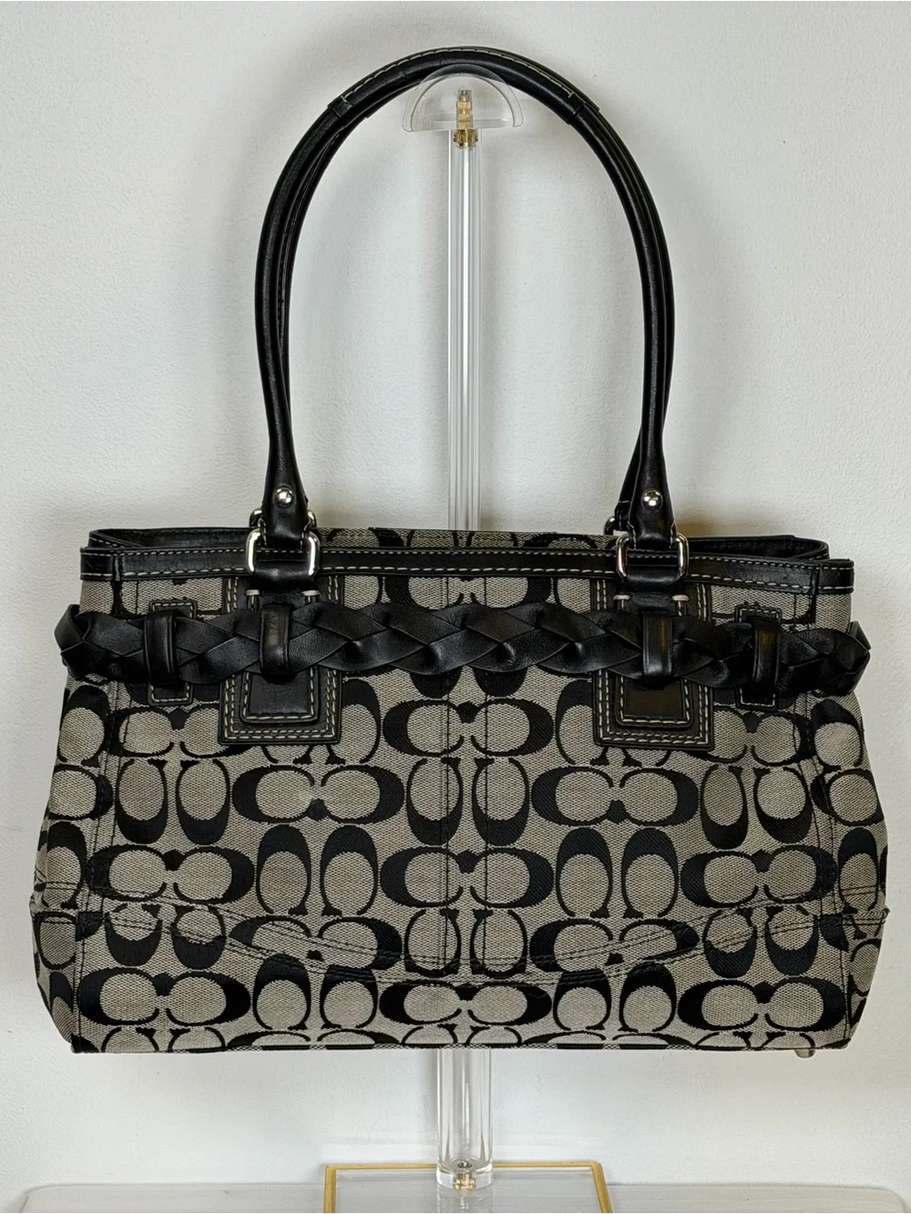 COACH | Vintage ‘Hampton’ Signature Monogram Black & Gray Bag Leather Trim - Picture 4 of 15